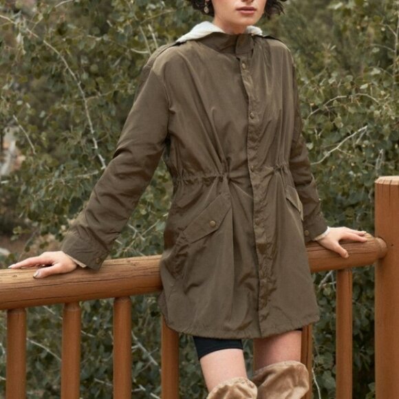 Olive Drawstring Hem Button-Down Coach Jacket - Picture 2 of 5